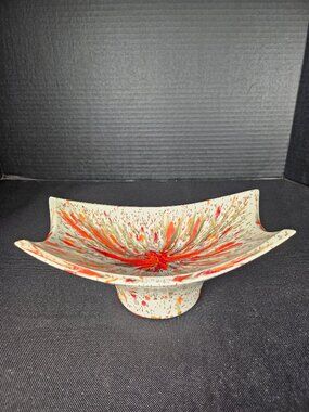 MCM Ivory Ceramic Orange Brown Red Splatter Speckled Glazed Pedestal Retro Bowl